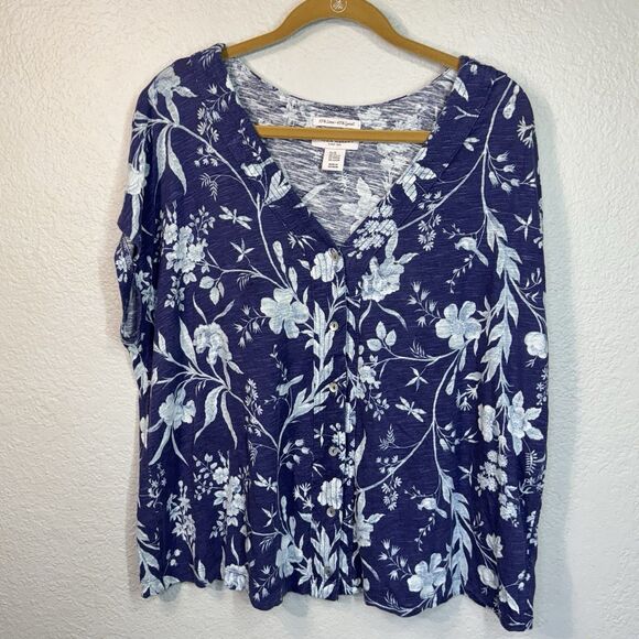 Laura Ashley Top Women 2X Blue Floral Linen Cropped Button Front Casual Boho - Picture 1 of 6